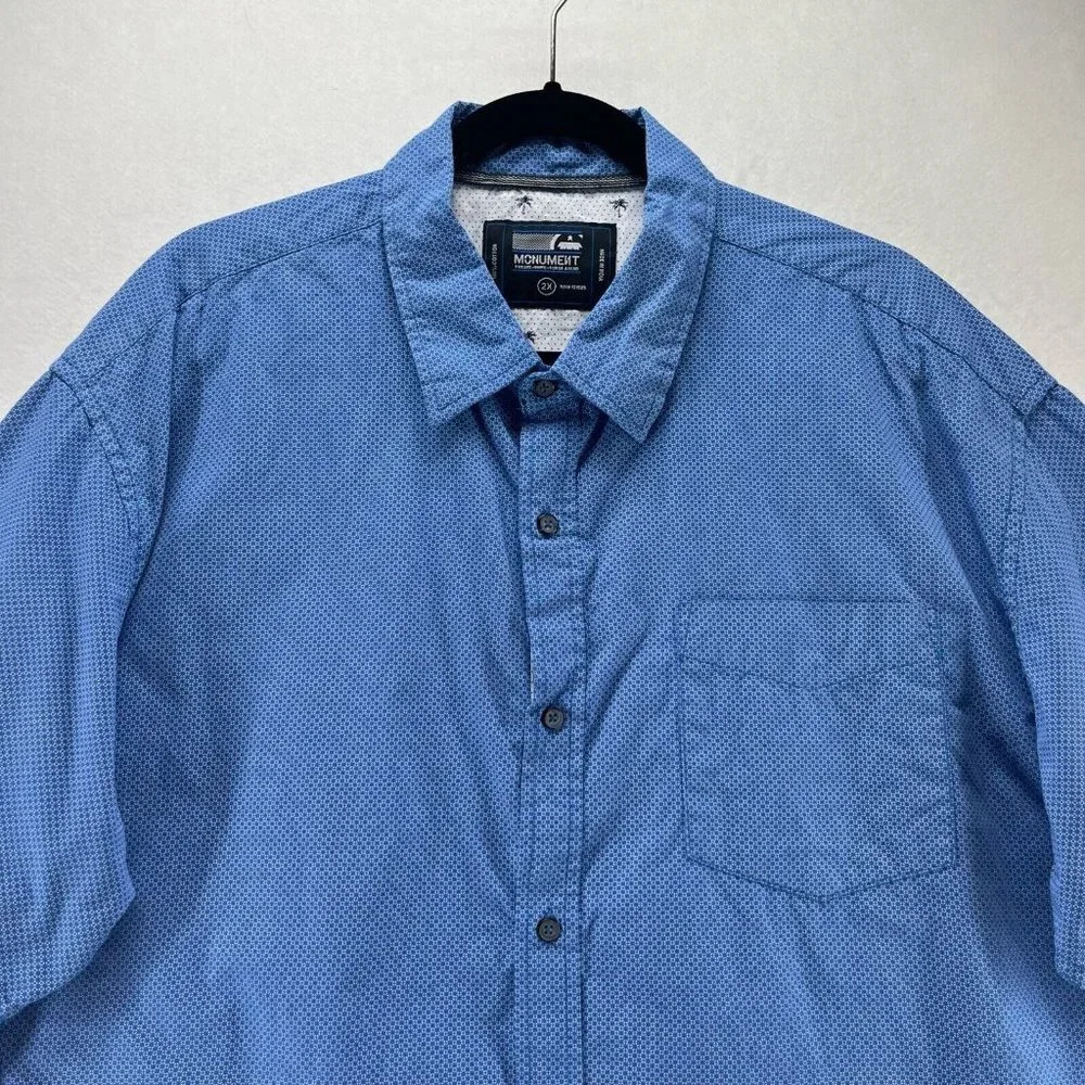 Monument Shirt Mens Sz 2X Printed Check Button Front Short Sleeve Cotton Blue - Picture 3 of 10